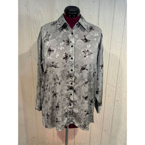 Zara Basic Gray Black Bird Print Blouse, Size L